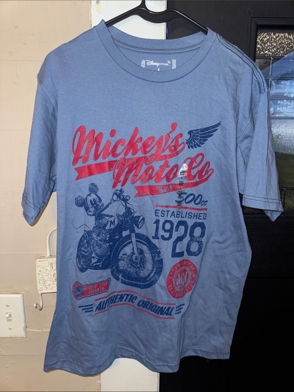 Disney Store Mickey's Moto Co Graphic Tee - Blue with Red & Navy Print Small NWT
